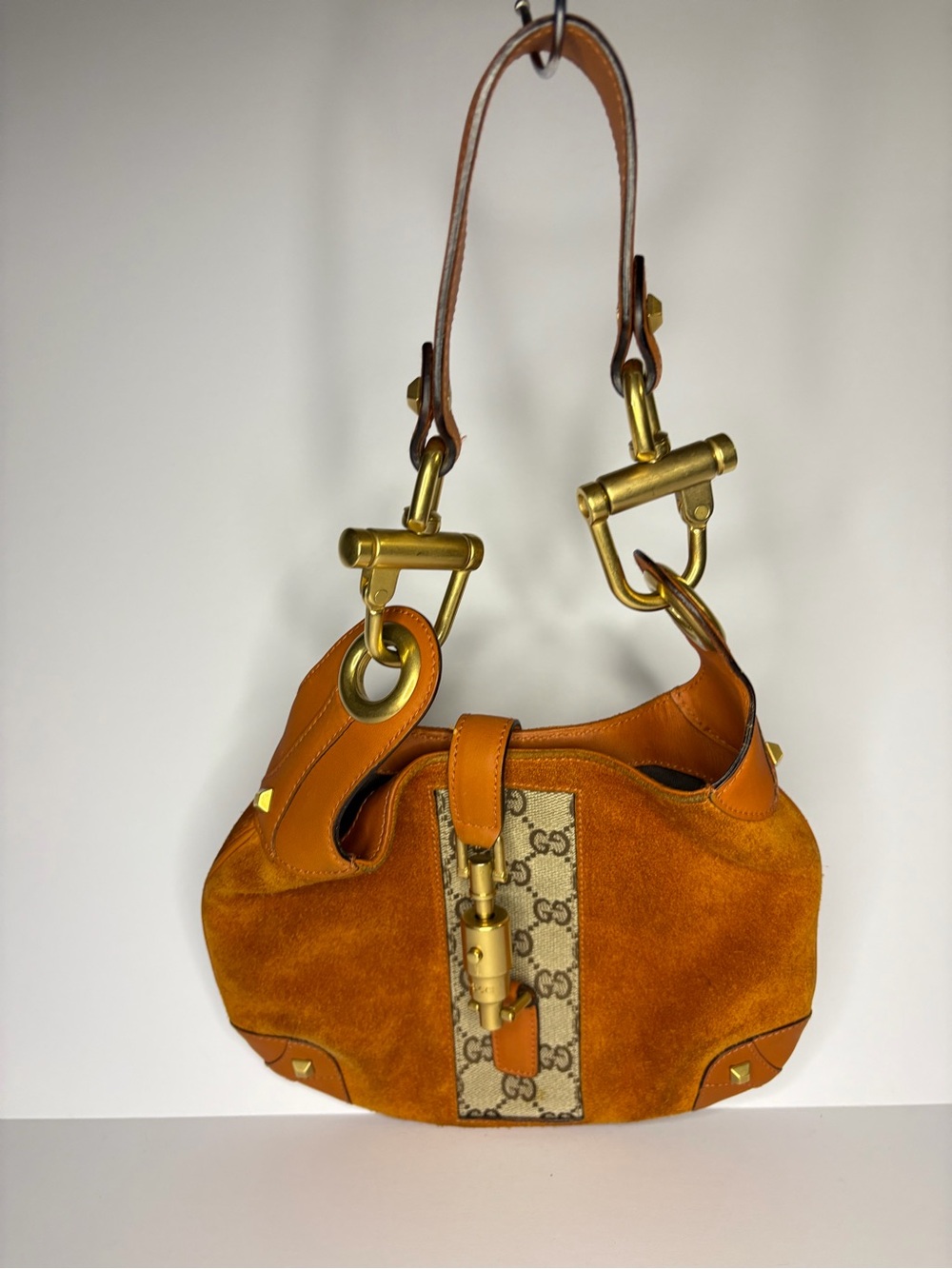 Gucci Orange Suede & GG Canvas Shoulder Bag with Tan Leather Trim